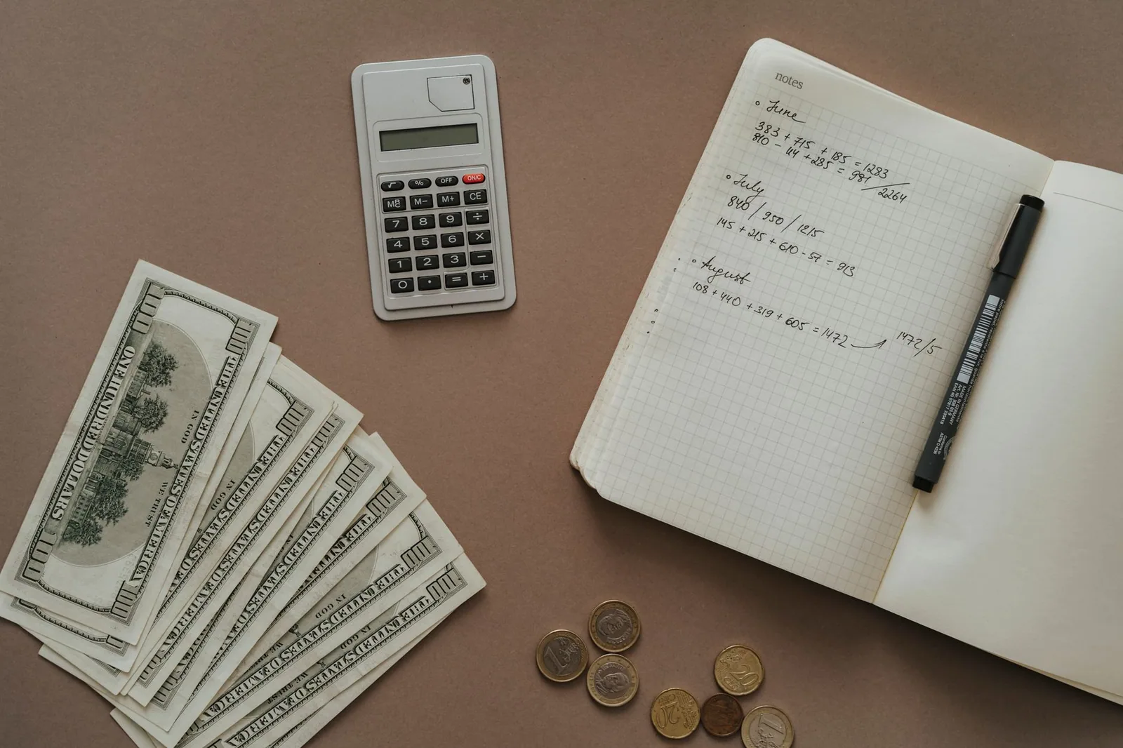 Disposição de calculadora, caderno e dólares, ilustrando conceitos financeiros e a importância do fluxo de caixa