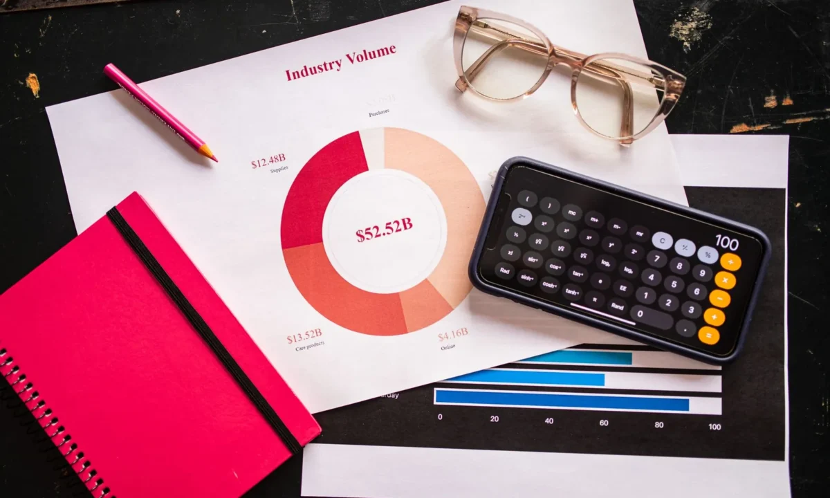 Gráficos de negócios, uma calculadora e óculos sobre uma mesa, representando a gestão financeira eficaz